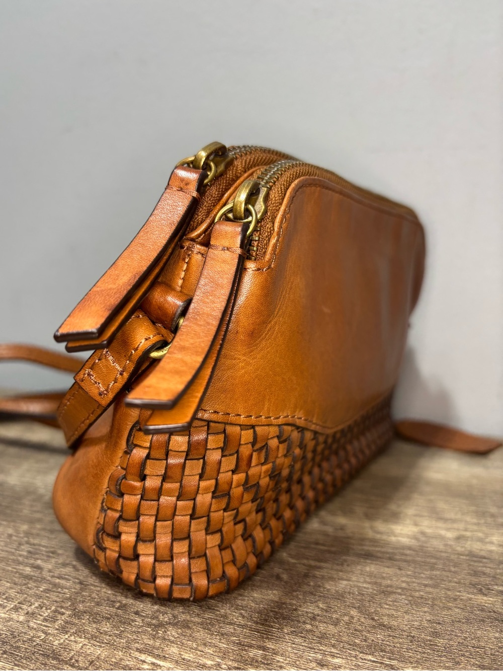 Woven Leather Crossbody Bag in Camel - Picture 3 of 12